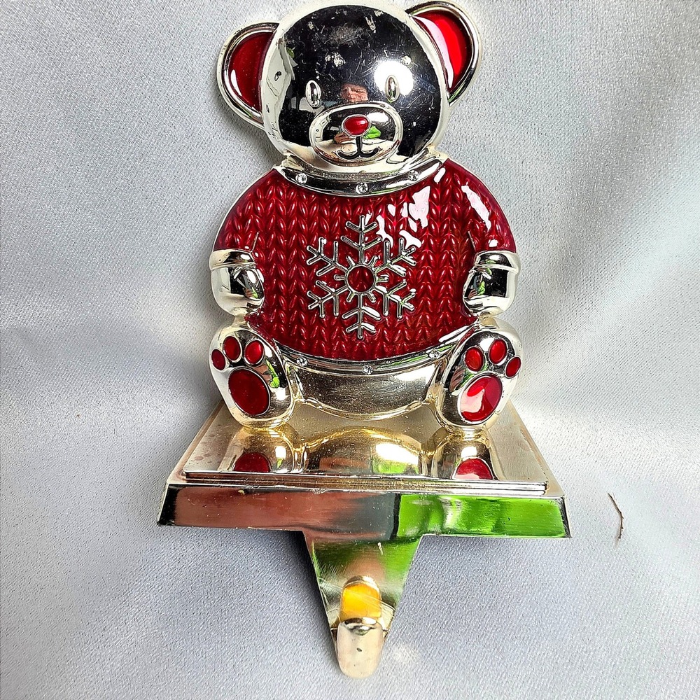 Harvey Lewis Silver Red Enamel Teddy Bear Snowflake Christmas Stocking Holder